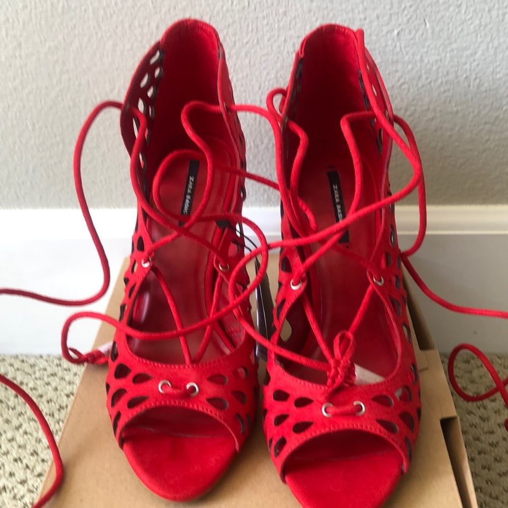 Red Suede Open Toe Lace-up Heels